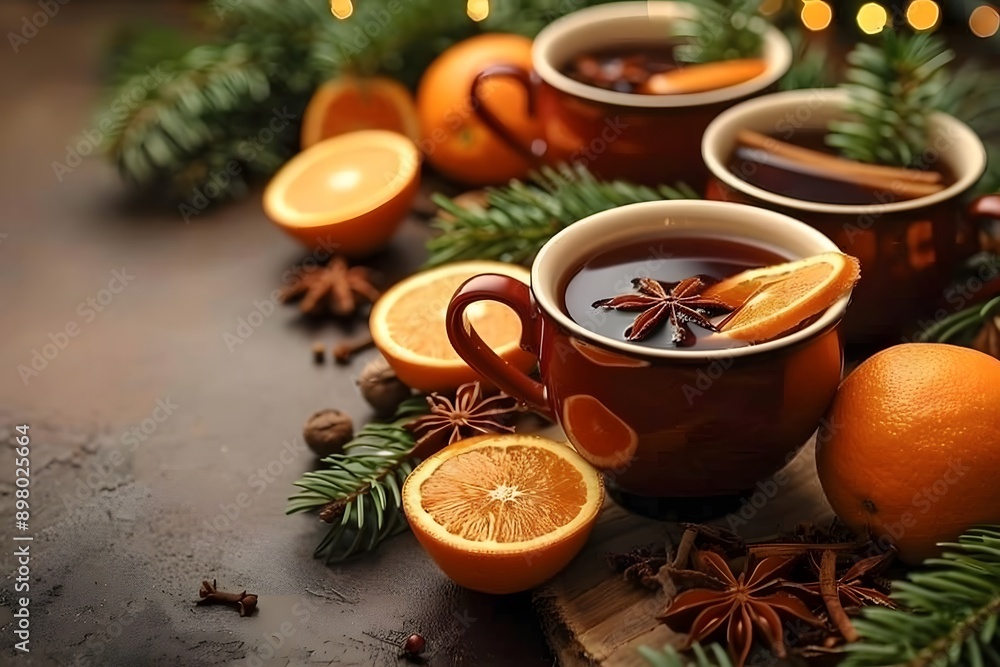 Festive Winter Beverage: Mulled Wine with Spices and Citrus for Holiday Celebration Decorations Festive Winter Beverage: Mulled Wine with Spices and Citrus for Holiday Celebration Decorations