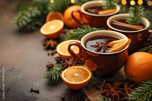 Festive Winter Beverage: Mulled Wine with Spices and Citrus for Holiday Celebration Decorations