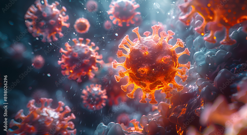 A microscopic image of coronavirus particles suspended in the air. A microscopic image of coronavirus particles suspended in the air.