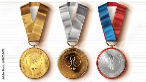 Gold, silver and bronze medals with ribbons. White Background, Isolet. For artwork of leaflets, and poster design, website, and media decor. license Commercial use, 
 photo