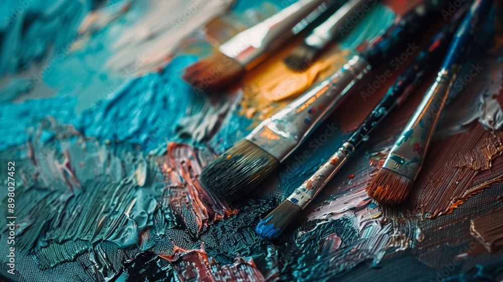 Flat lay of a painters palette and brushes, highlighting the simplicity in the art creation process Flat lay of a painters palette and brushes, highlighting the simplicity in the art creation process