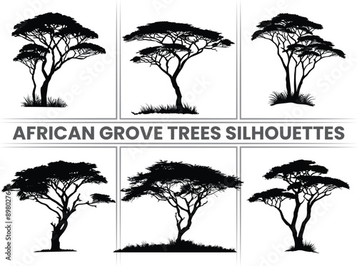 African Tree Silhouettes Bundle: Baobab and Acacia Forest Family Trees Clipart Isolated. Elements for Your Design Works. Vector Illustration.