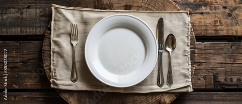 Flat lay of simple, elegant dinnerware on a rustic table, inviting minimalist dining experiences