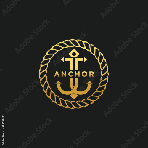 Anchor logo design vector with golden gradient and creative concept icon