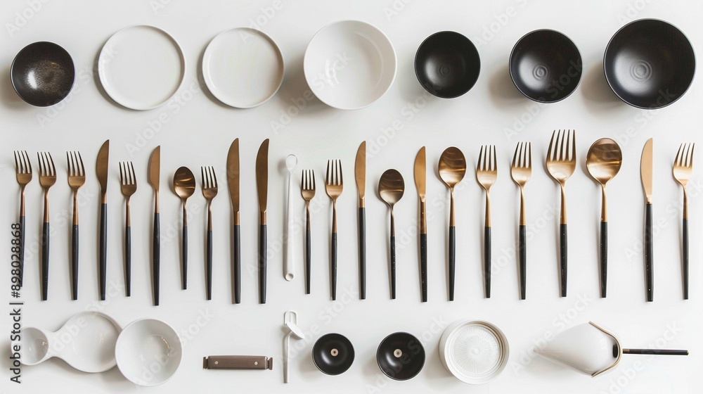 Elegant flat lay of fine dining tableware, showcasing the beauty of minimalist entertaining Elegant flat lay of fine dining tableware, showcasing the beauty of minimalist entertaining