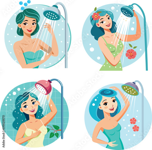 Four beautiful women taking a shower at home after a long day of work