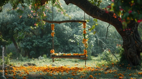 A swing adorns a verdant landscape. The swing and ground are festooned with flowers under the boughs of trees