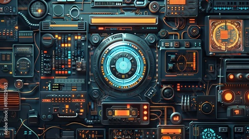 A visually striking image that combines elements of a time machine with various iconic, yet now considered outdated, tech tools and software. The central focus should be a time machine control panel