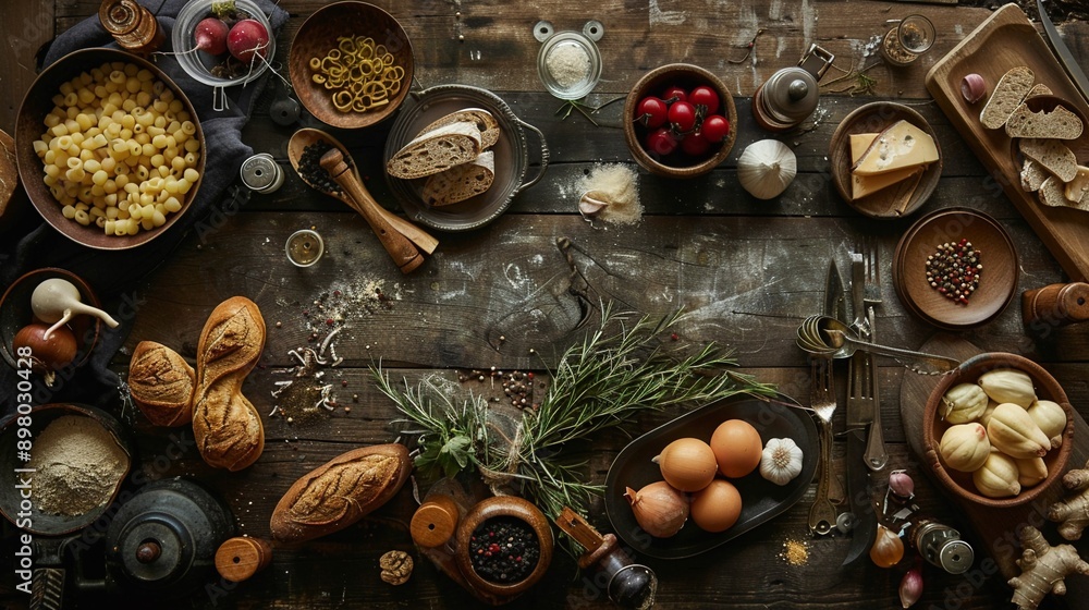 Elegant culinary flat lay of gourmet ingredients on a rustic table, blending simplicity with culinary art Elegant culinary flat lay of gourmet ingredients on a rustic table, blending simplicity with culinary art
