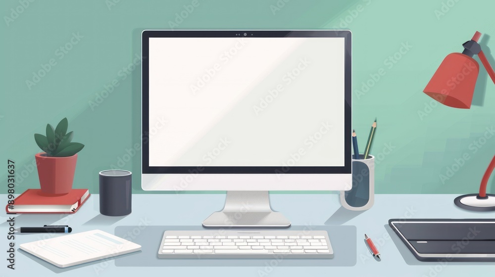 Minimalist Workspace with a Computer, Keyboard, and Lamp Minimalist Workspace with a Computer, Keyboard, and Lamp
