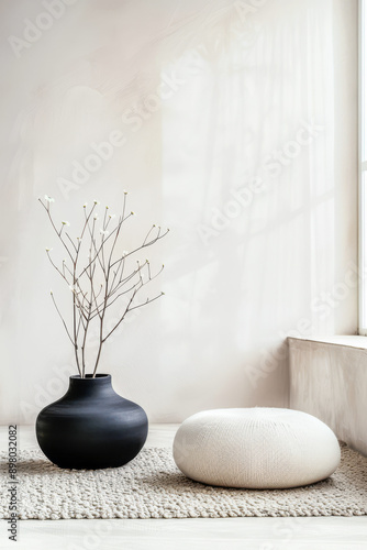 Minimalist interiors design composition with zen touches and neutral colors. Luxury oriental interiors with copy space.