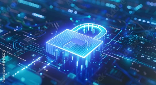 Digital padlock on abstract cyber security technology blue background with binary code