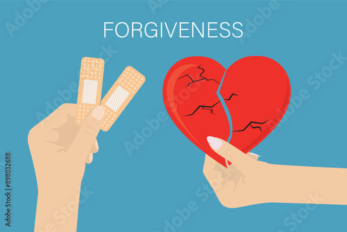 Woman hand hold broken heart, man hand give medical plaster. Red heart need repair or fix. Relationship, forgiveness of resentment and disappointment,