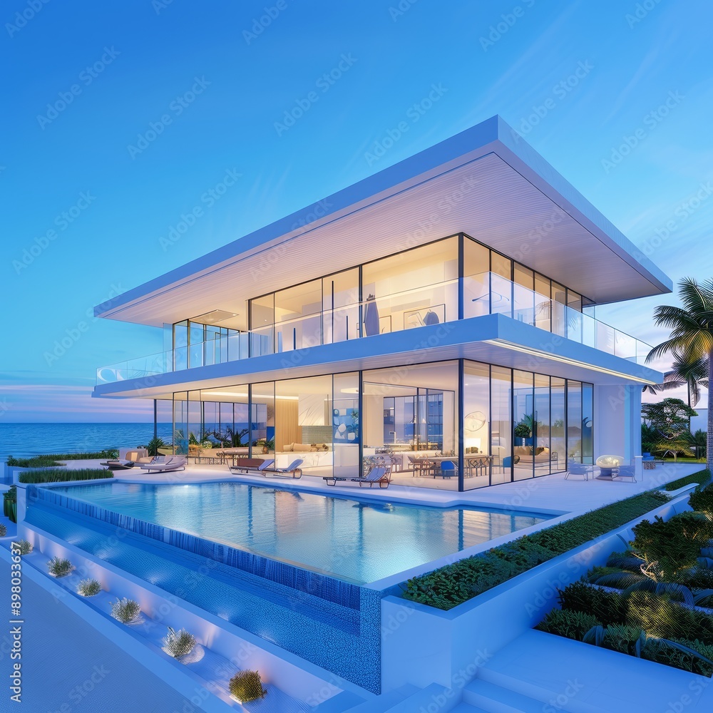 Obraz premium Modern luxury beach house with glass walls, infinity pool and ocean view at sunset. Contemporary architecture and elegant design.
