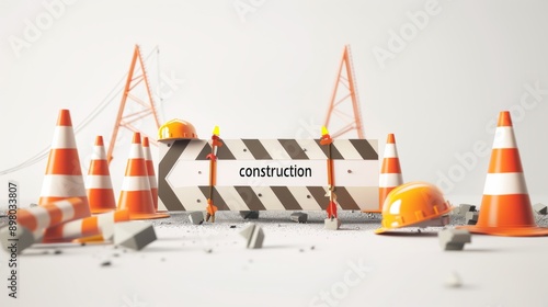 Under construction sign with traffic cones and hard hats on white background. photo