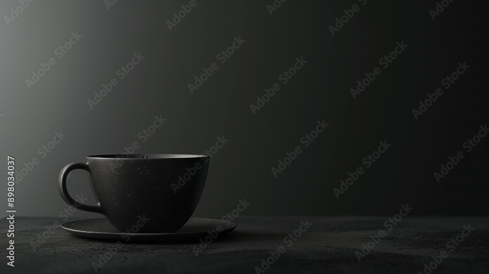 A minimalist black cup with a matching saucer set against a dark background showcases a sleek and sophisticated design. A minimalist black cup with a matching saucer set against a dark background showcases a sleek and sophisticated design.