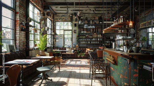 A spacious cafe interior blending industrial and vintage styles, featuring large windows, eclectic decor, and a mix of seating areas.