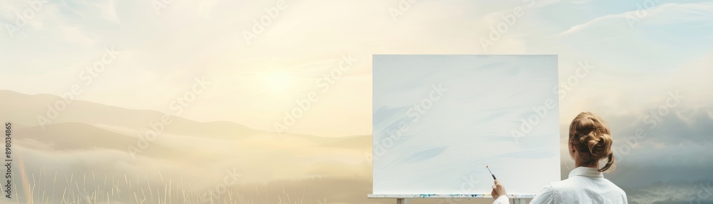 A woman is painting a white canvas with a brush. The sky is blue and the sun is shining brightly. The woman is standing on a hill, overlooking the landscape A woman is painting a white canvas with a brush. The sky is blue and the sun is shining brightly. The woman is standing on a hill, overlooking the landscape