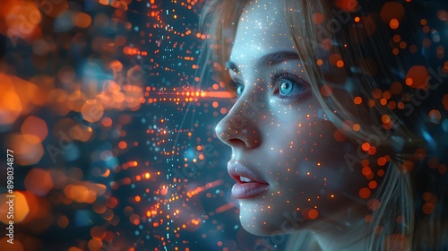 Futuristic Portrait of a Woman with Digital Patterns and Artificial Intelligence Elements Representing Technology and Human Connection