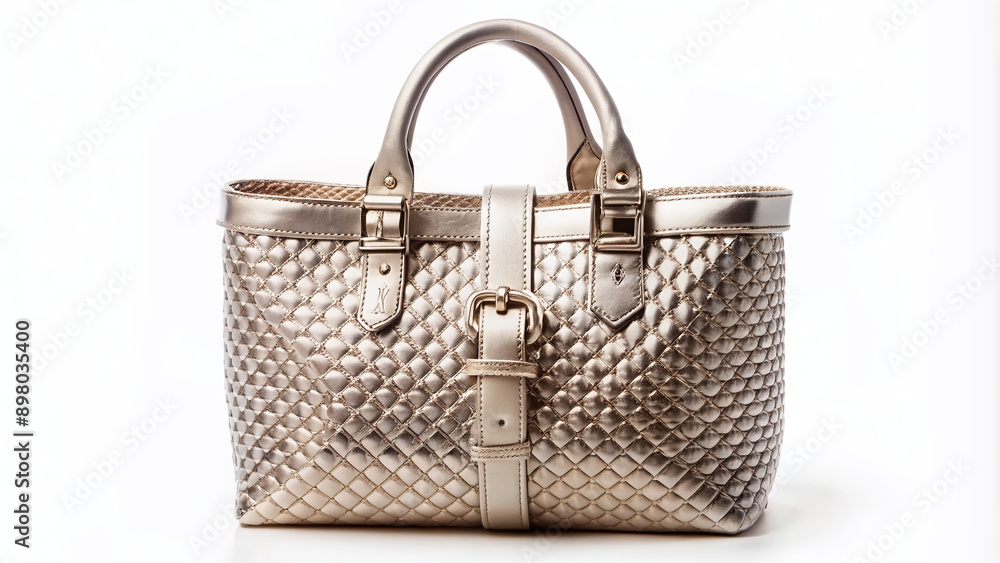 Shiny silver tote bag with intricate metallic weave and silver buckles, isolated on white background, perfect for luxury branding and fashion product photography. Shiny silver tote bag with intricate metallic weave and silver buckles, isolated on white background, perfect for luxury branding and fashion product photography.