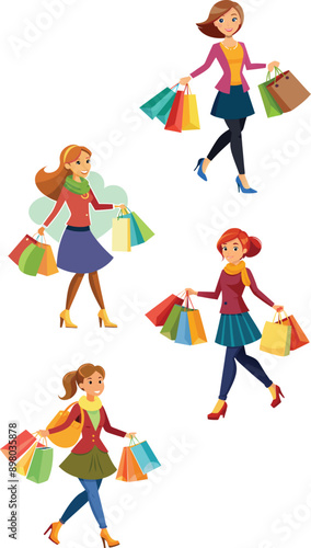 Happy shopper woman walking and holding shopping bags