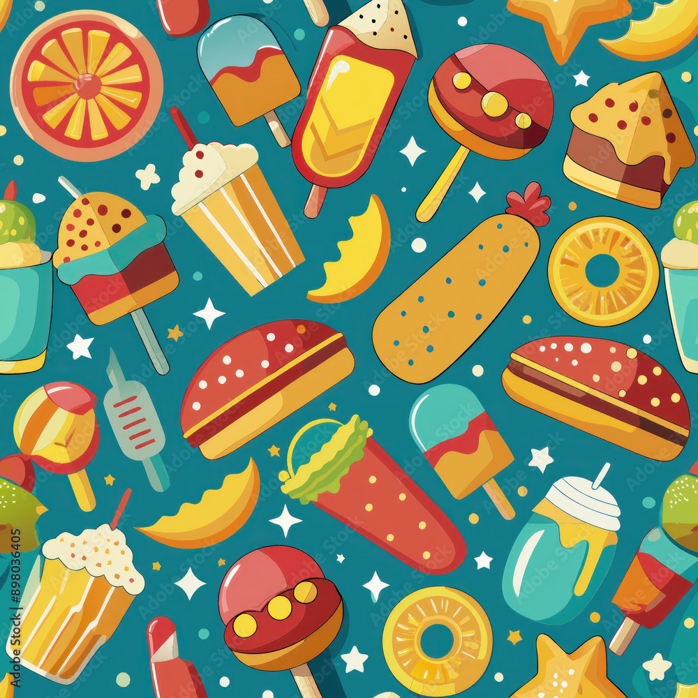 Seamless pattern of carnival food like hot dogs and ice cream, Generative AI