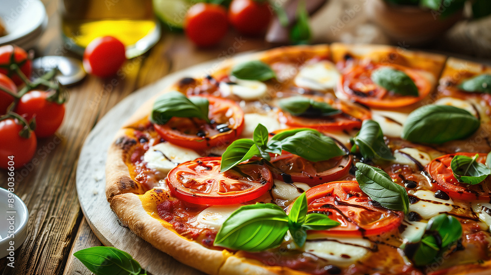Pizza Margherita with fresh mozzarella and basil leaves, topped with balsamic sauce Pizza Margherita with fresh mozzarella and basil leaves, topped with balsamic sauce