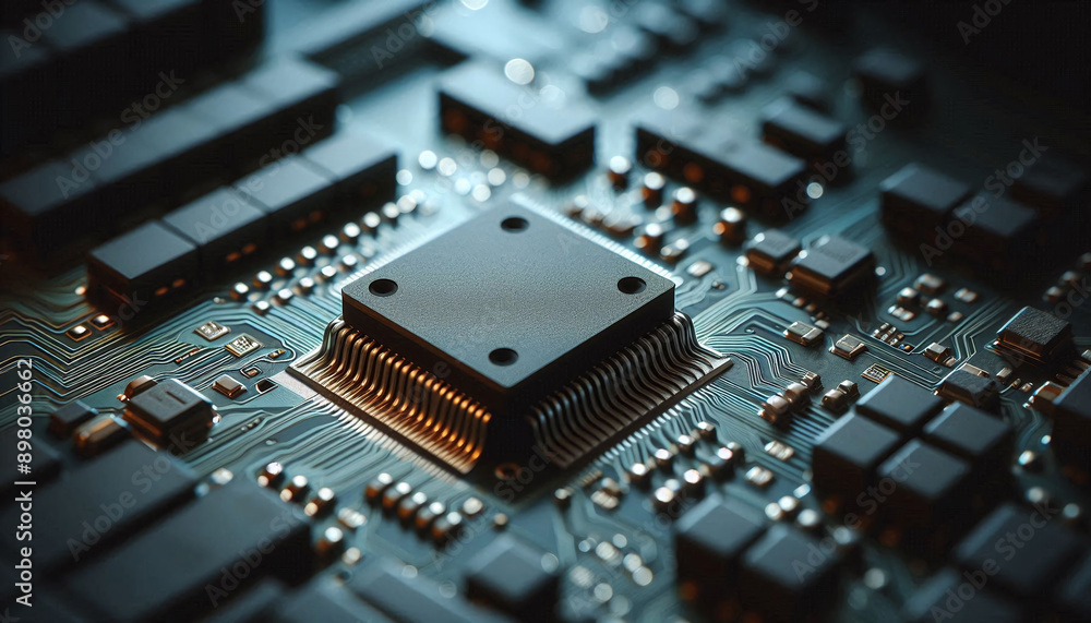 Close-up minimalist illustration of a microchip integrated on motherboard Close-up minimalist illustration of a microchip integrated on motherboard