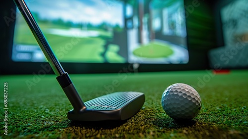 Golf putter and ball on virtual golf green photo