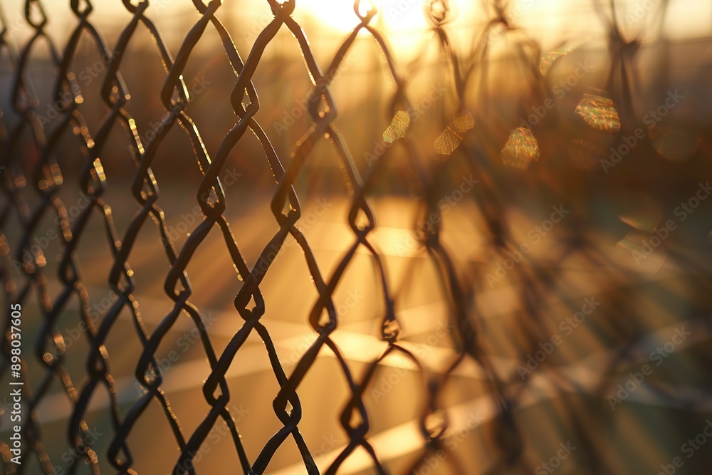 Naklejka premium Close-Up of Tennis Net on Outdoor Court During Golden Hour, Highlighting Rusted Mesh and Leather Texture with Blurred Red Clay Background