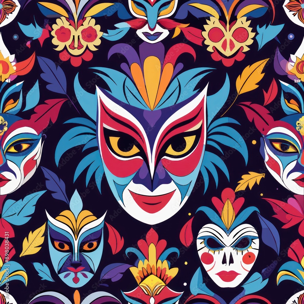 Fototapeta Seamless pattern of carnival masks and face paint designs, Generative AI
