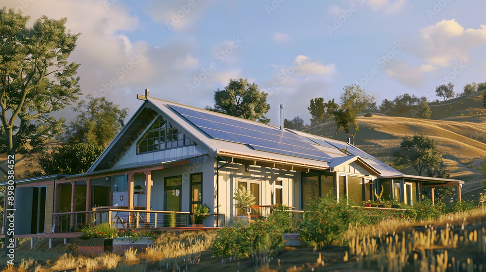 A modern house equipped with solar panels on the roof, showcasing sustainable living and renewable energy integration in residential architecture. A modern house equipped with solar panels on the roof, showcasing sustainable living and renewable energy integration in residential architecture.