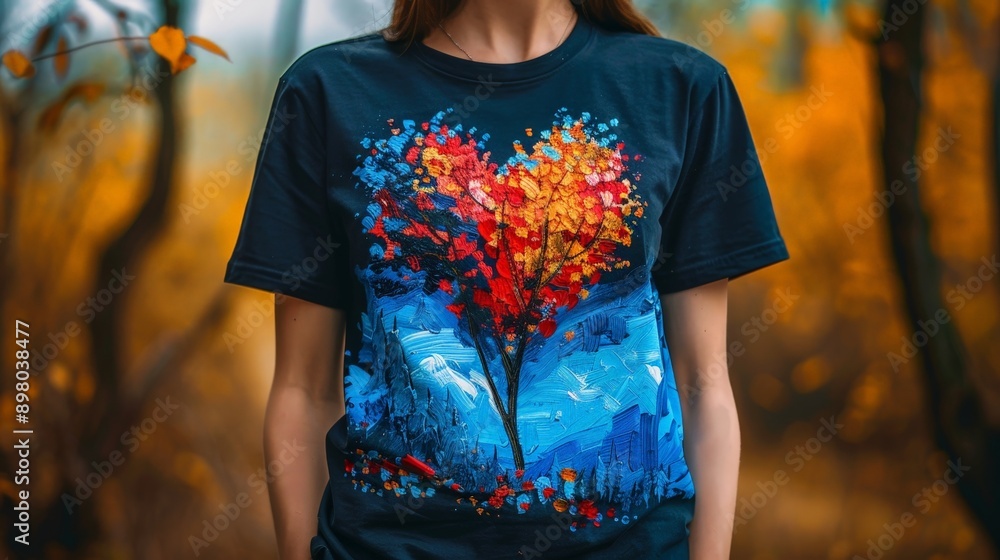 custom made wallpaper toronto digitalA dark shirt with a colorful heart-shaped tree graphic. Autumn colors.