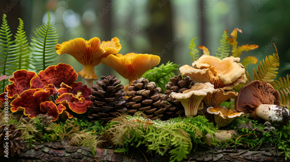Stunning composition of a variety of forest mushrooms in a clearing in the forest Stunning composition of a variety of forest mushrooms in a clearing in the forest