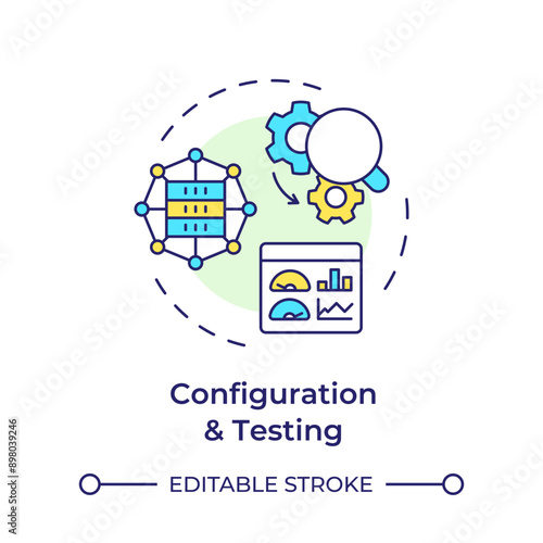 Configuration and testing multi color concept icon. Telecommunication system installation. System diagnostics. Round shape line illustration. Abstract idea. Graphic design. Easy to use in brochure