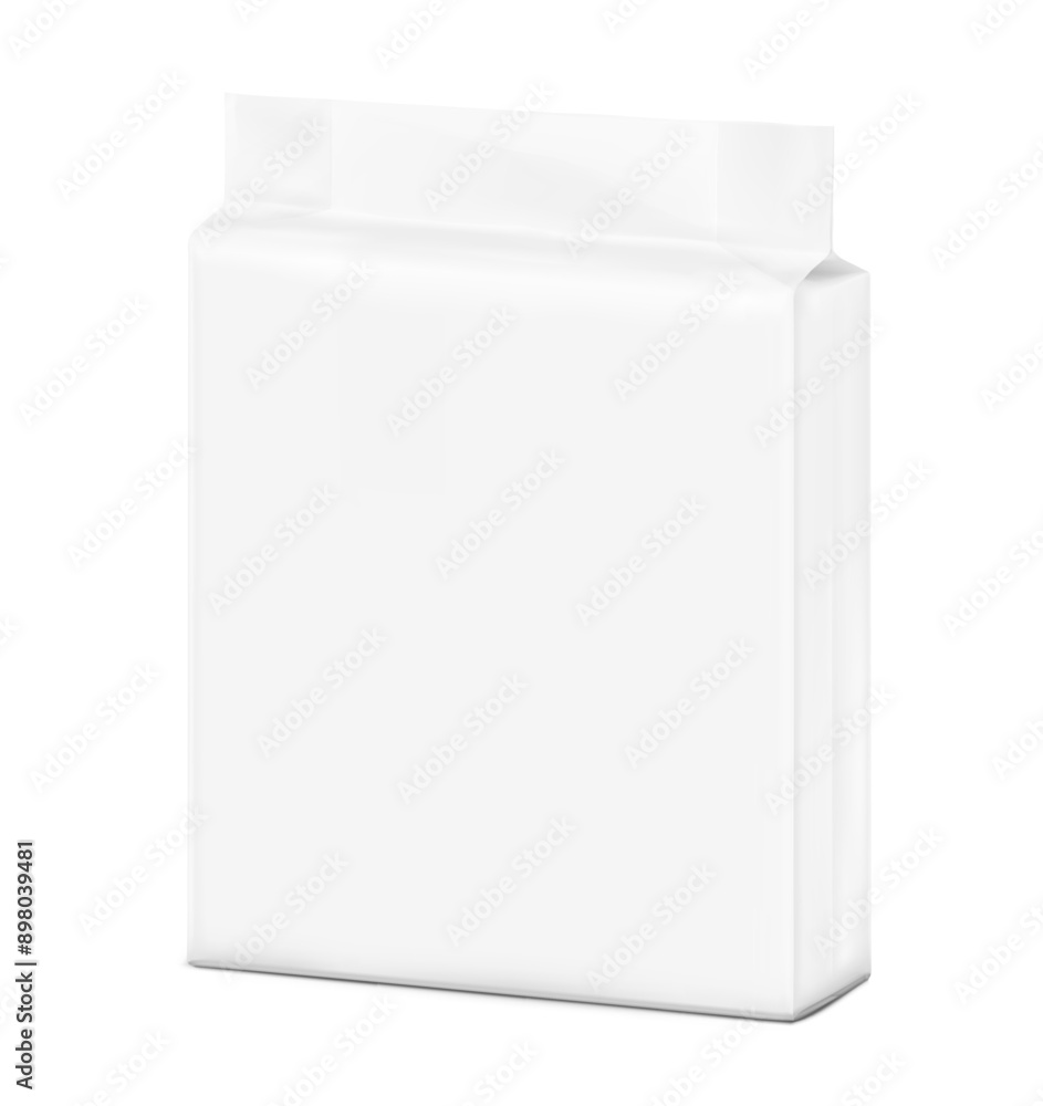 Realistic stand bag mockup. Half side view. Vector illustration isolated on white background. Ready for your design. Suite for the presentation of diaper, wet wipes. EPS10. Realistic stand bag mockup. Half side view. Vector illustration isolated on white background. Ready for your design. Suite for the presentation of diaper, wet wipes. EPS10.
