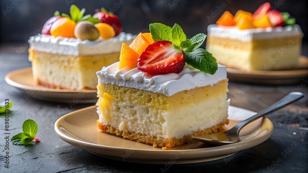 Peruvian Tres Leches with Tropical Fruits. Perfect for: Latin American Desserts, Special Occasions, Food Photography Peruvian Tres Leches with Tropical Fruits. Perfect for: Latin American Desserts, Special Occasions, Food Photography