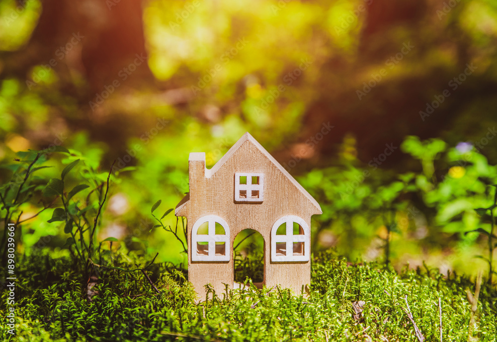 the symbol of the house stands on green moss
the symbol of the house stands on green moss