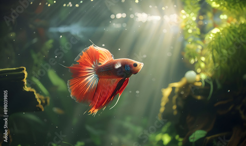 A vibrant Siamese fighting fish with flowing fins swims in a freshwater aquarium, bathed in sunlight. photo