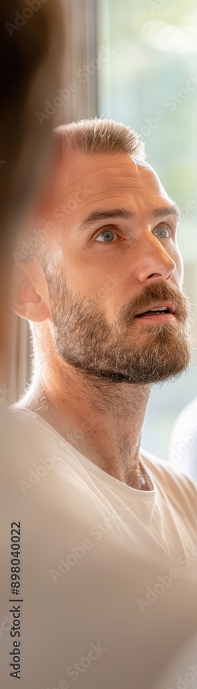 Obraz premium A man with a beard and a white shirt is looking at the camera. He has a serious expression on his face