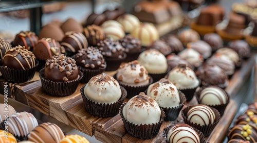 Many small, round chocolate candies in dark and light chocolate, some with swirls or sprinkles, displayed on wooden trays.