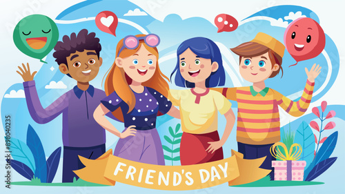 Illustration of four friends with happy expressions. Blue sky and colorful balloons. Text: 'Friend's Day'