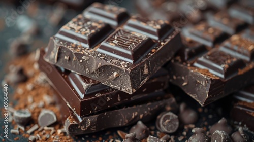 Dark chocolate bars stacked together, with chocolate chips and cocoa powder around them