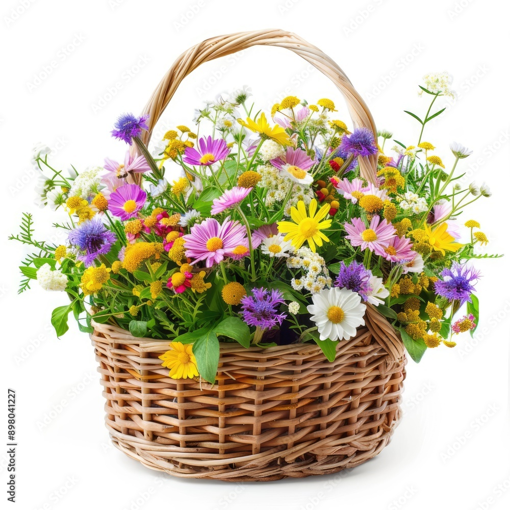 Wicker Basket Overflowing with Colorful Wildflowers Wicker Basket Overflowing with Colorful Wildflowers
