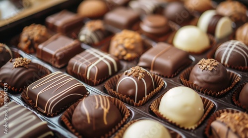 A box of assorted chocolates, dark and white, in squares and balls