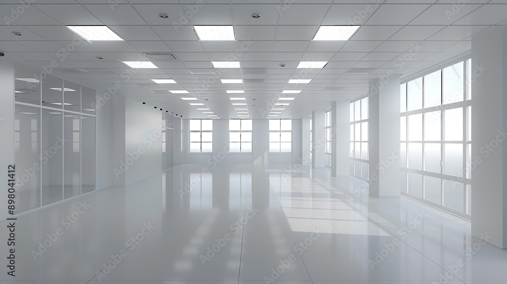 High-resolution 3D illustration of a blank business hall with an unoccupied office space, High-resolution 3D illustration of a blank business hall with an unoccupied office space,
