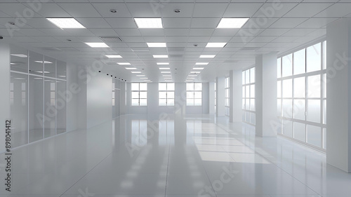 High-resolution 3D illustration of a blank business hall with an unoccupied office space,