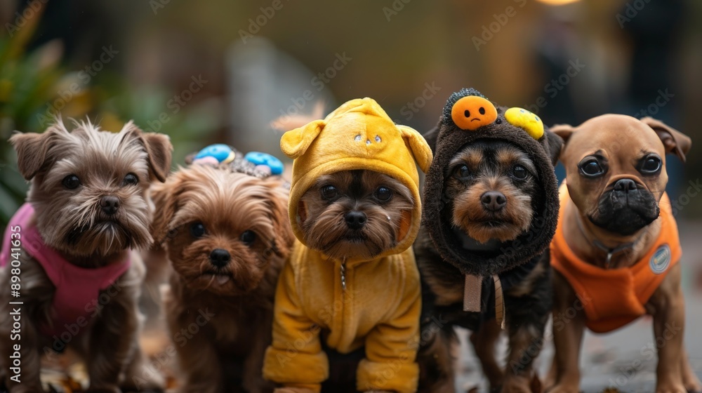 Five small dogs, wearing different colored costumes, stand in a row Five small dogs, wearing different colored costumes, stand in a row