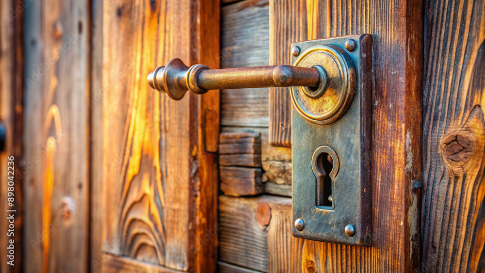 Newly opened old wooden door with rusty lock and shiny metallic key inserted, highlighting concept of access, security, and homeownership in warm natural light. Newly opened old wooden door with rusty lock and shiny metallic key inserted, highlighting concept of access, security, and homeownership in warm natural light.