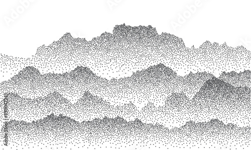 Abstract mountain landscape. Dotwork grain pattern. Nature background with fading dot effect